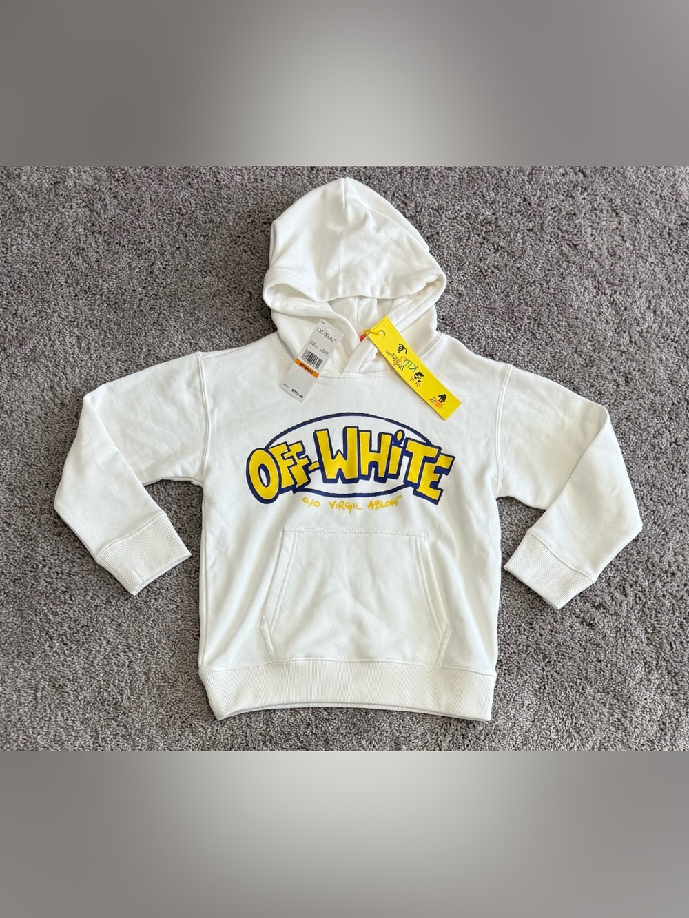 Off White Arrows Doodle Graphic Logo Hoodie Yellow White Big Kids Size Small (8)
